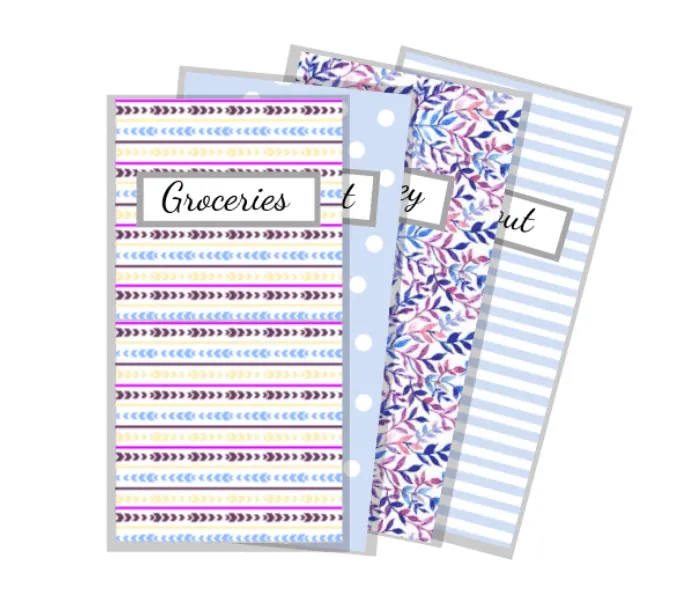 vertical cash envelopes with various patterns in blues and purples