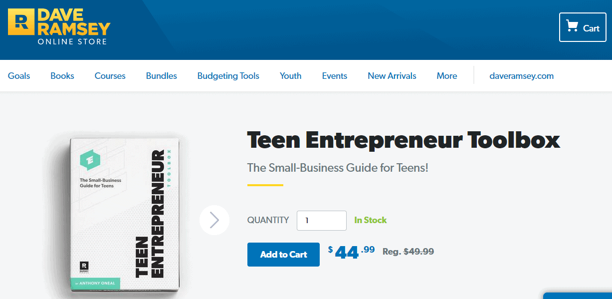 screenshot of Teen Entrepreneur toolbox product for $44.99 on Dave Ramsey's website