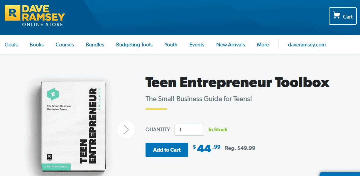 screenshot of Teen Entrepreneur toolbox product for $44.99 on Dave Ramsey's website