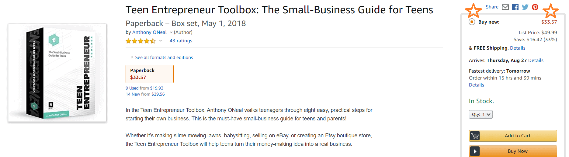screenshot of amazon teen entrepreneur toolbox listing, brand new, for $33.57