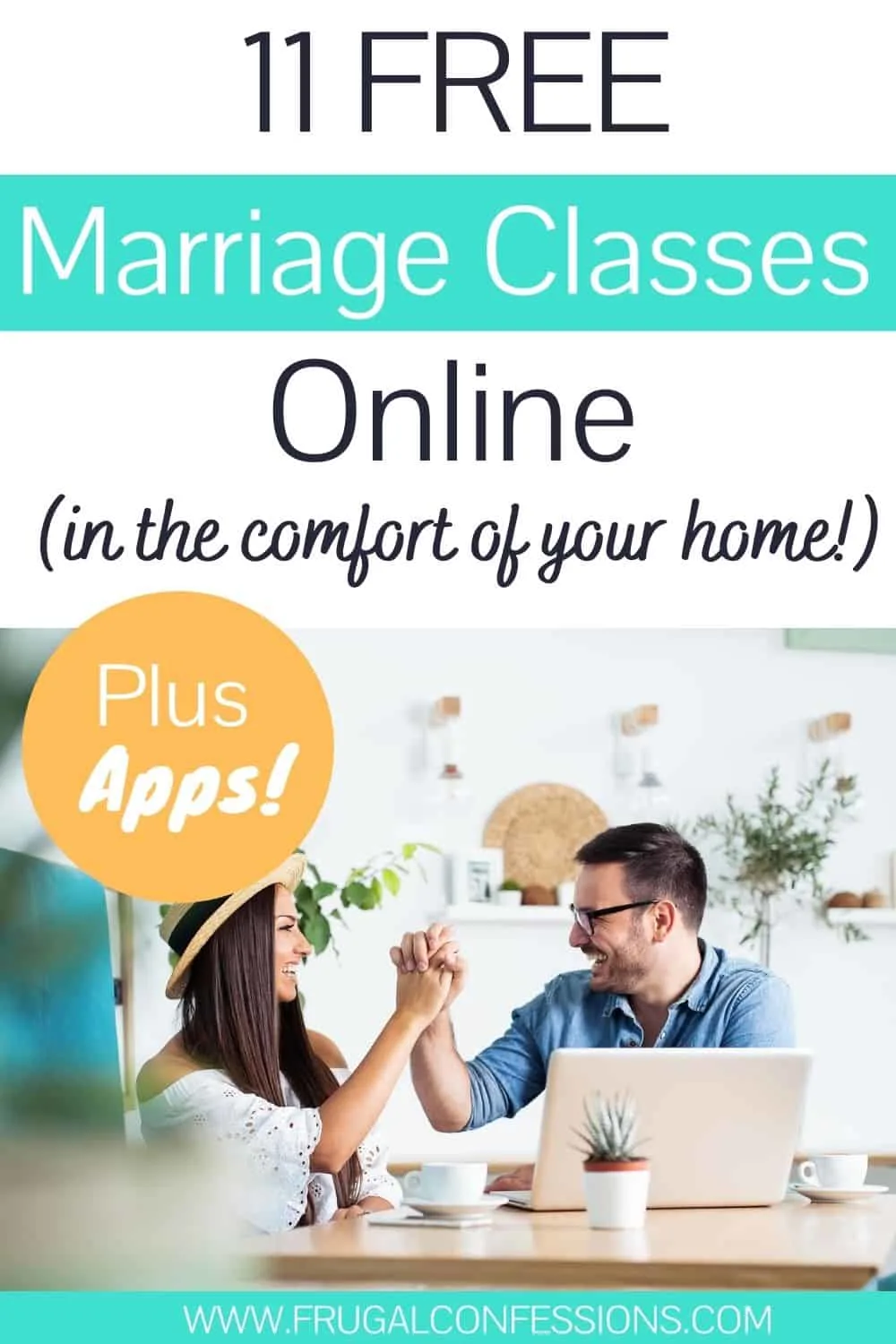 married couple slapping five smiling in front of laptop, text overlay