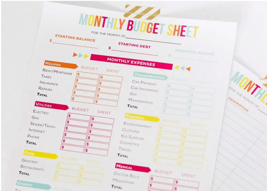 screenshot of printable crush's budget sheets - so cute