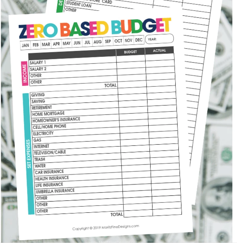 screenshot of moritz fine design's cute zero-based budget worksheet