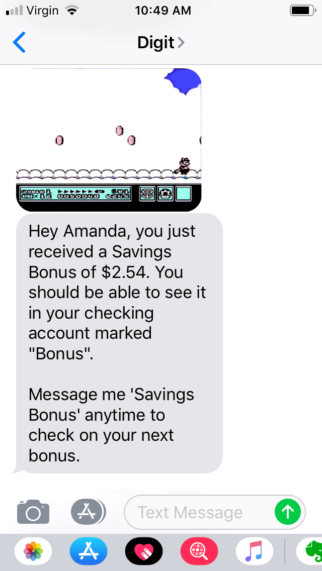 screenshot of digit savings app showing a bonus of $2.54 earned