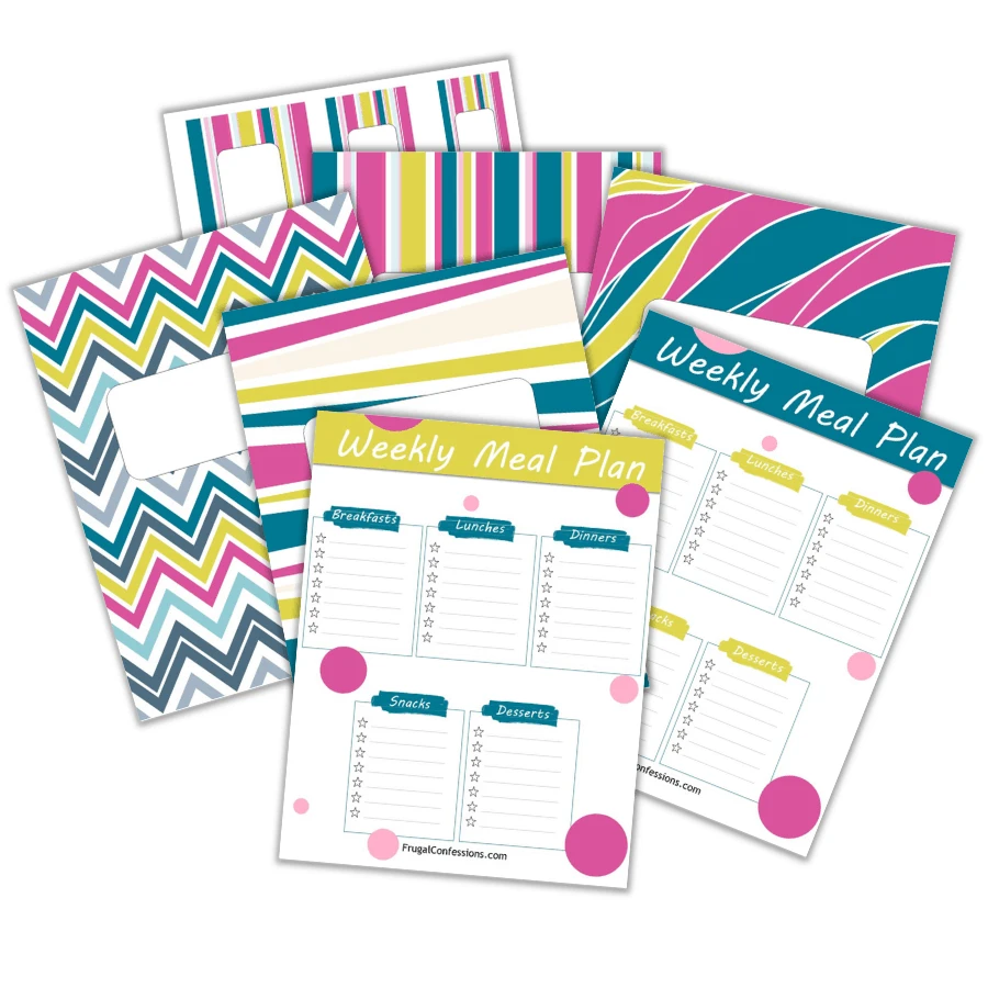 screenshot of free DIY recipe binder printables plus one-sheet weekly meal plan