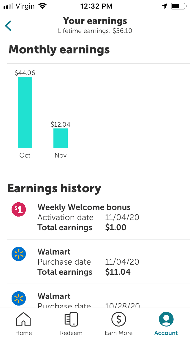 screenshot of ibotta earnings and free products to review from one month