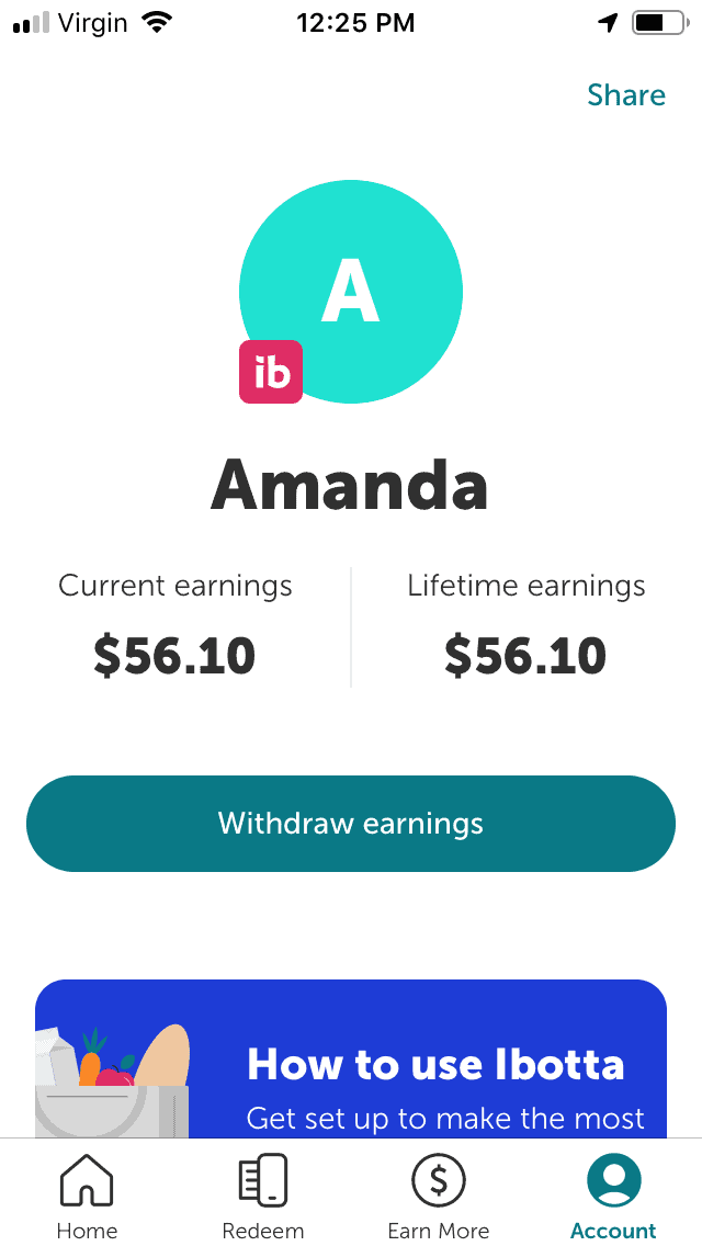 screenshot of $56.10 ibotta earnings and free products to review from one month
