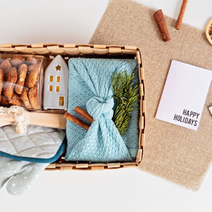 wooden gift basket filled with grocery store things