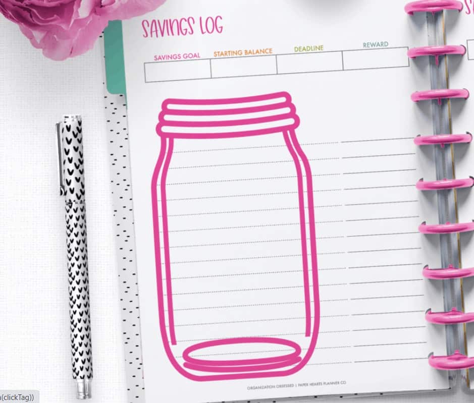 screenshot of blank savings log printable - mason jar in pink and blank lines on page