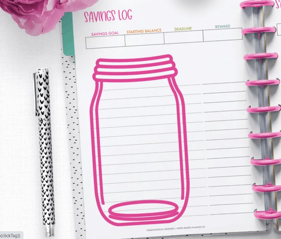 screenshot of blank savings log printable - mason jar in pink and blank lines on page