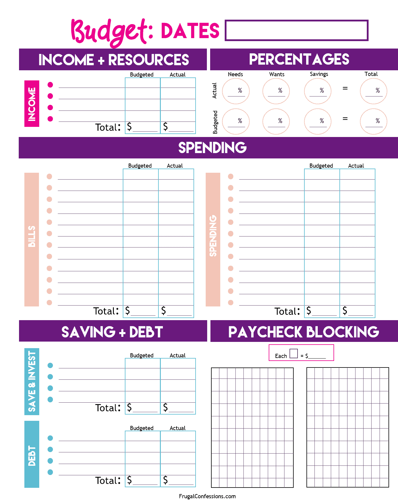 budget sheet with dark purple headings, light blue, light pink, and light tan colors