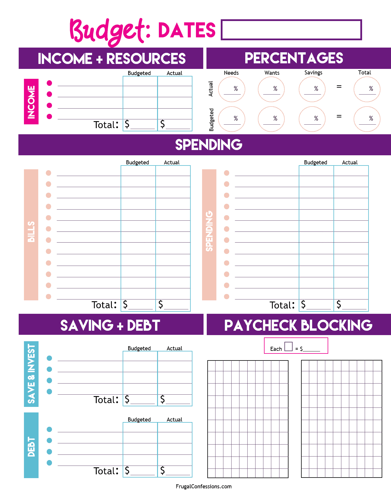 budget sheet with dark purple headings, light blue, light pink, and light tan colors