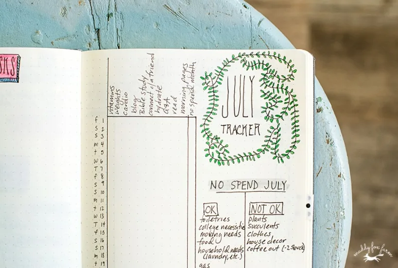 screenshot of muddyfoxfarm's no spend bullet journal spread