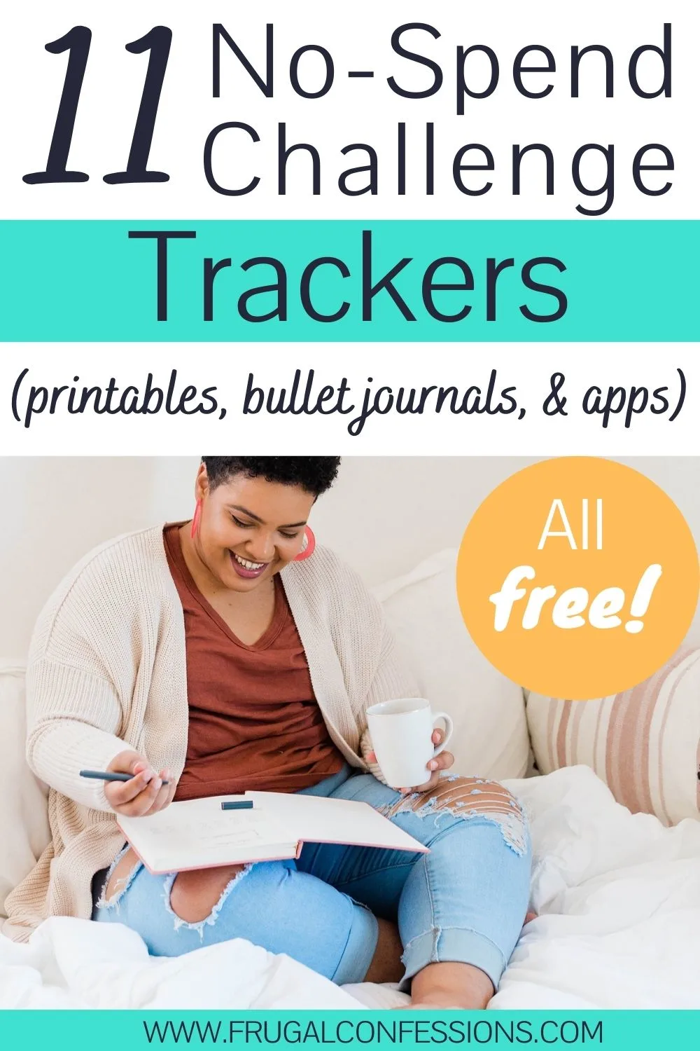 black woman on bed, smiling, filling out no spend tracker, text overlay