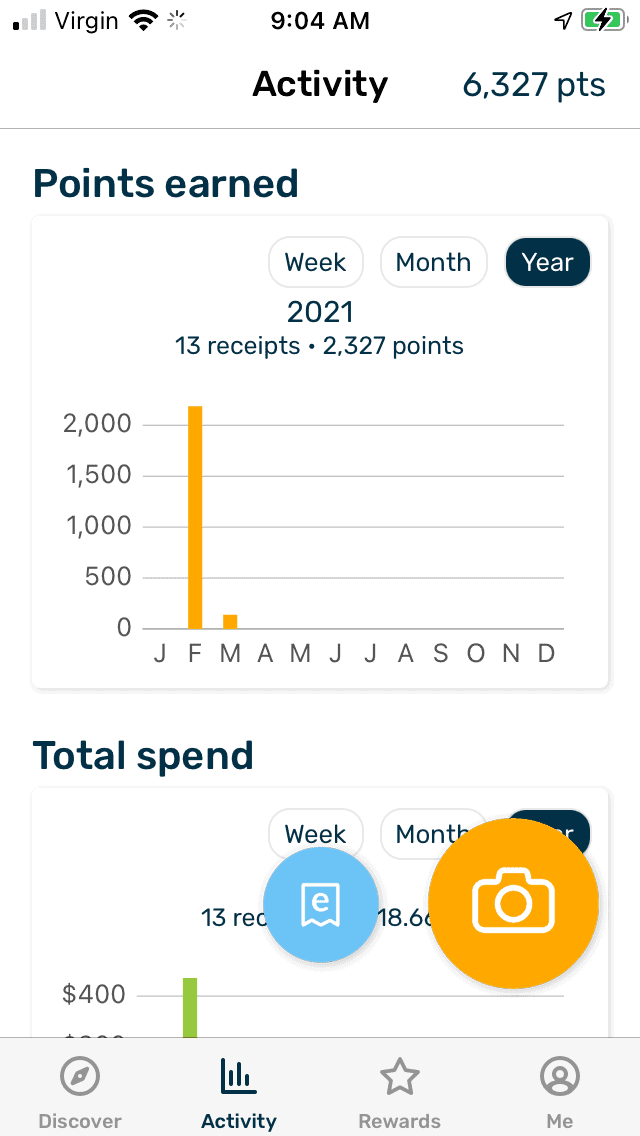 screenshot of Fetch app that shows 6,327 points from 13 receipts