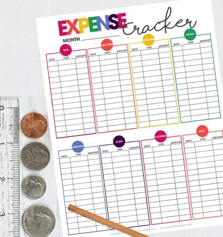 colorful daily expense tracker with 8 different categories to record spending under