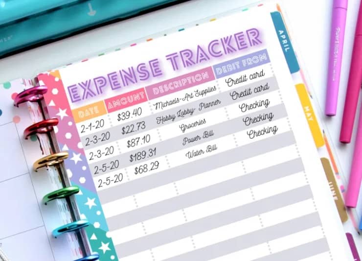 colorful expense tracker with date, amount, description, and column of debit from