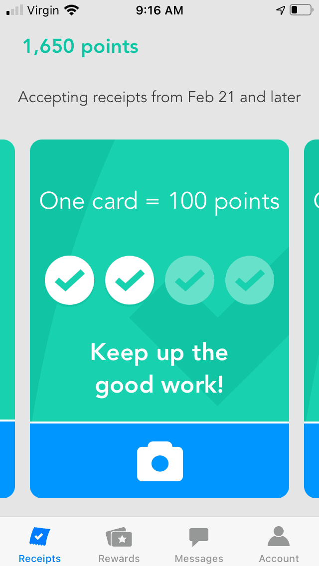 screenshot of ReceiptPal app with 1,650 points accumulated