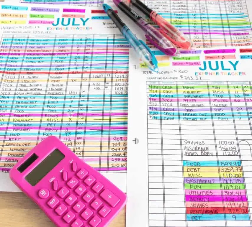 July expense tracker all filled out with tons of highlighted colors per category of spending