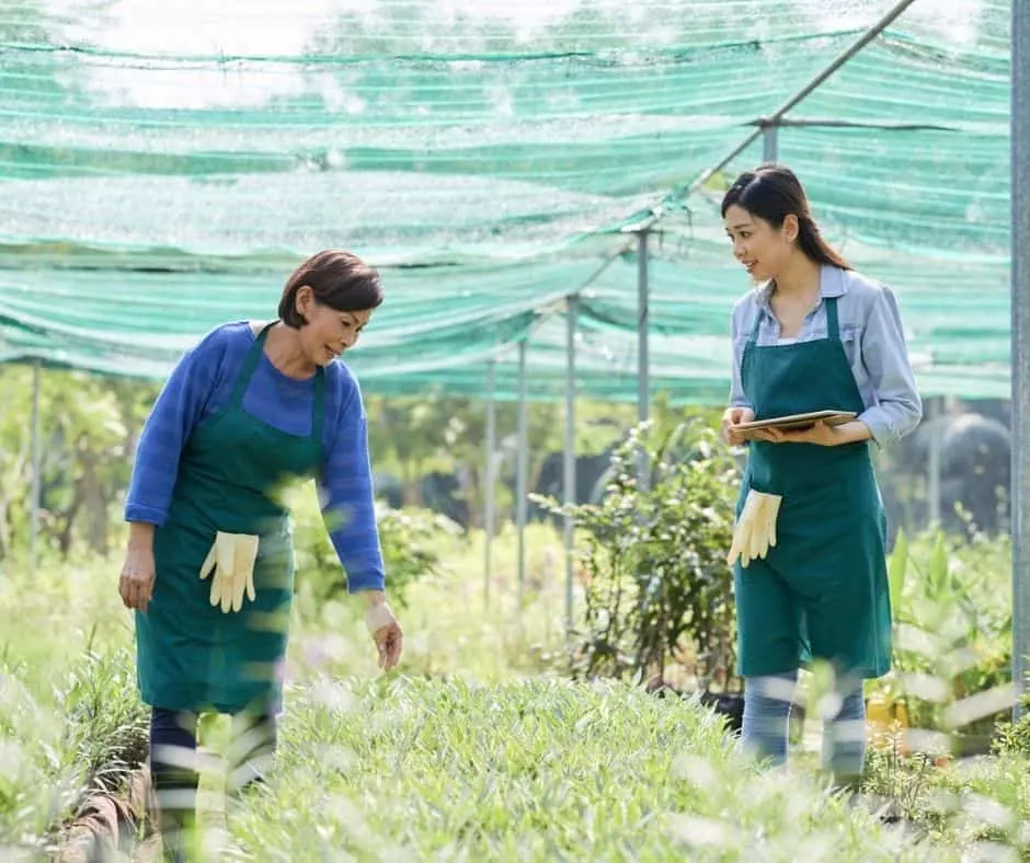 mother and adult daughter working in gardening, talking and smiling