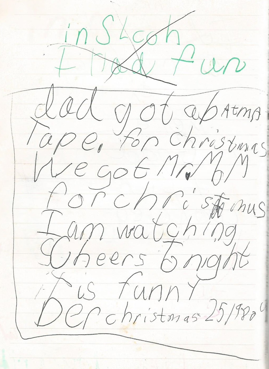 journal entry in author's diary from December 25, 1989 saying what her family got for Christmas