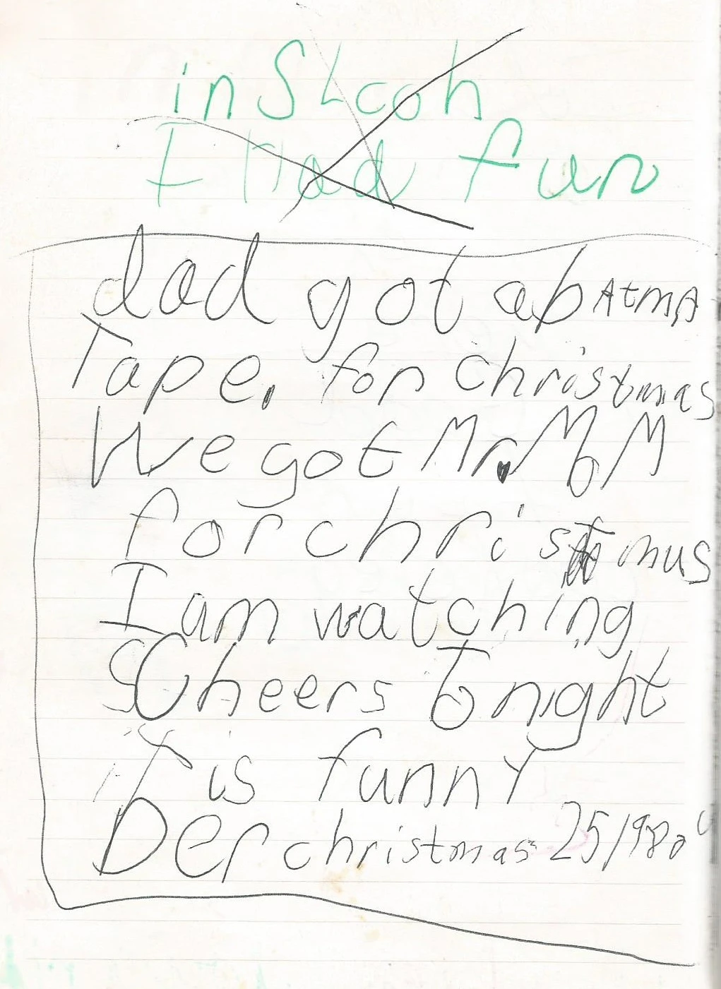 journal entry in author's diary from December 25, 1989 saying what her family got for Christmas