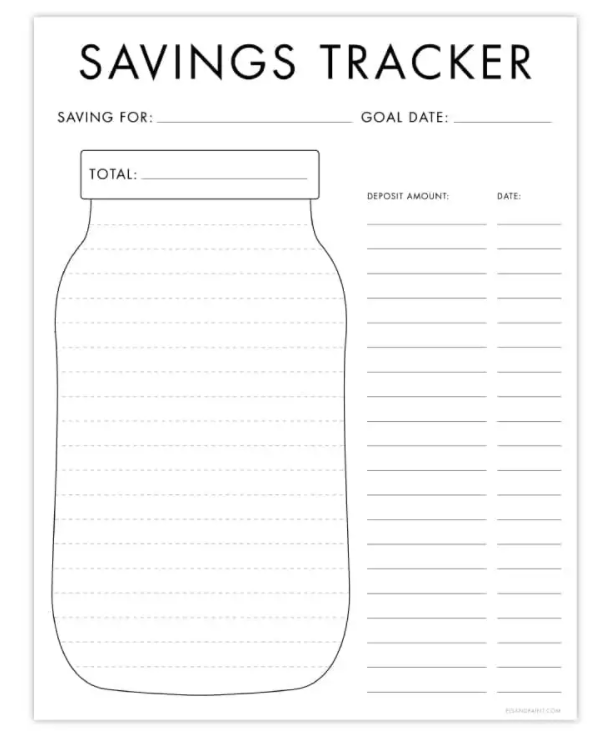 blank mason jar with lines in it, columns and rows for deposit amount and date on the right hand side