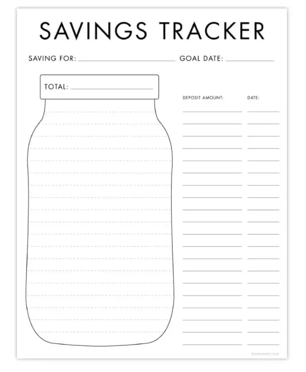 blank mason jar with lines in it, columns and rows for deposit amount and date on the right hand side