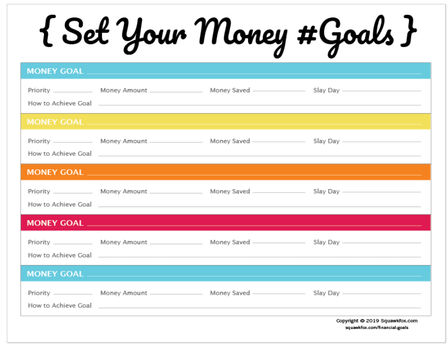 colorful SMART money goals worksheet with blue, yellow, and orange