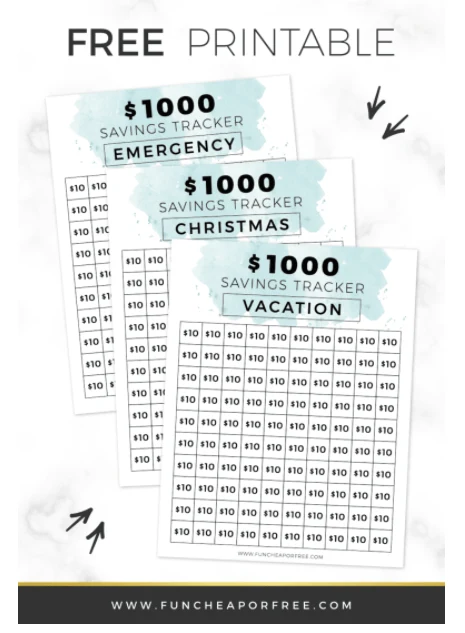 $1000 savings tracker printable with bluish top