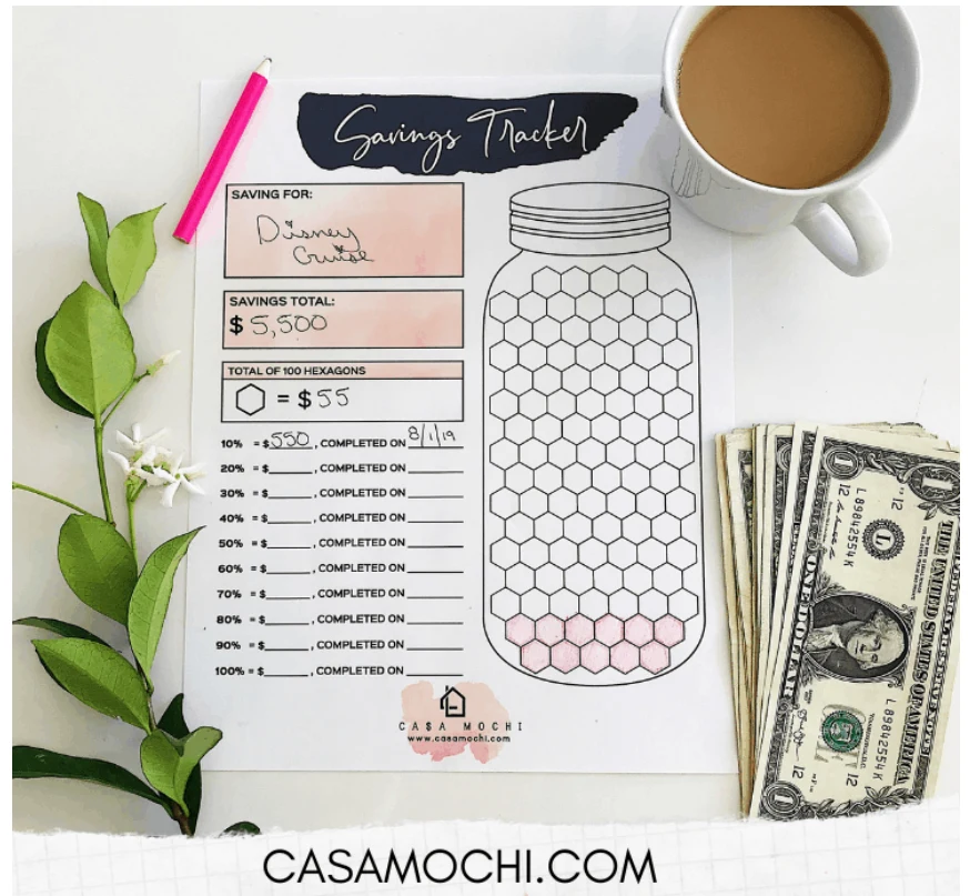 printable with honeycomb design in mason jar on righthand side, and savings goal info on lefthand side, with pink