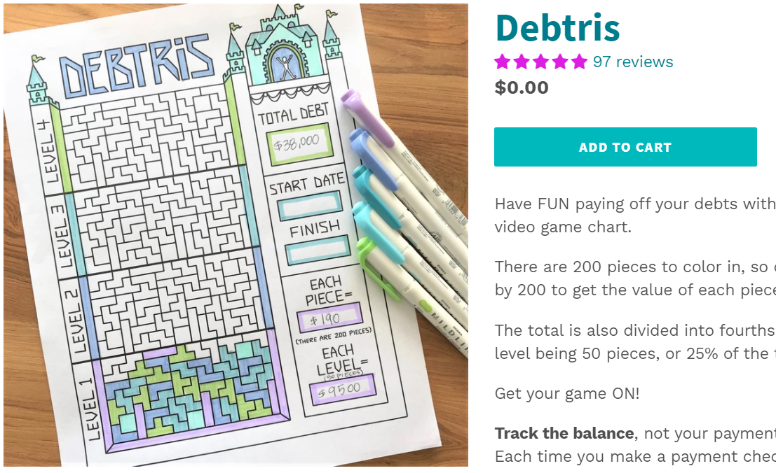 tetris-inspired debt payoff tracker with 4 levels, and area to calculate dates and what each piece is worth to color in 