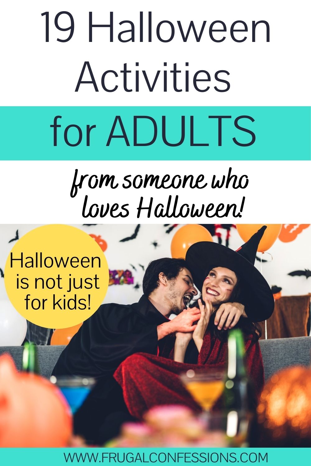 adult couple on couch giggling, in costumes, text overlay 