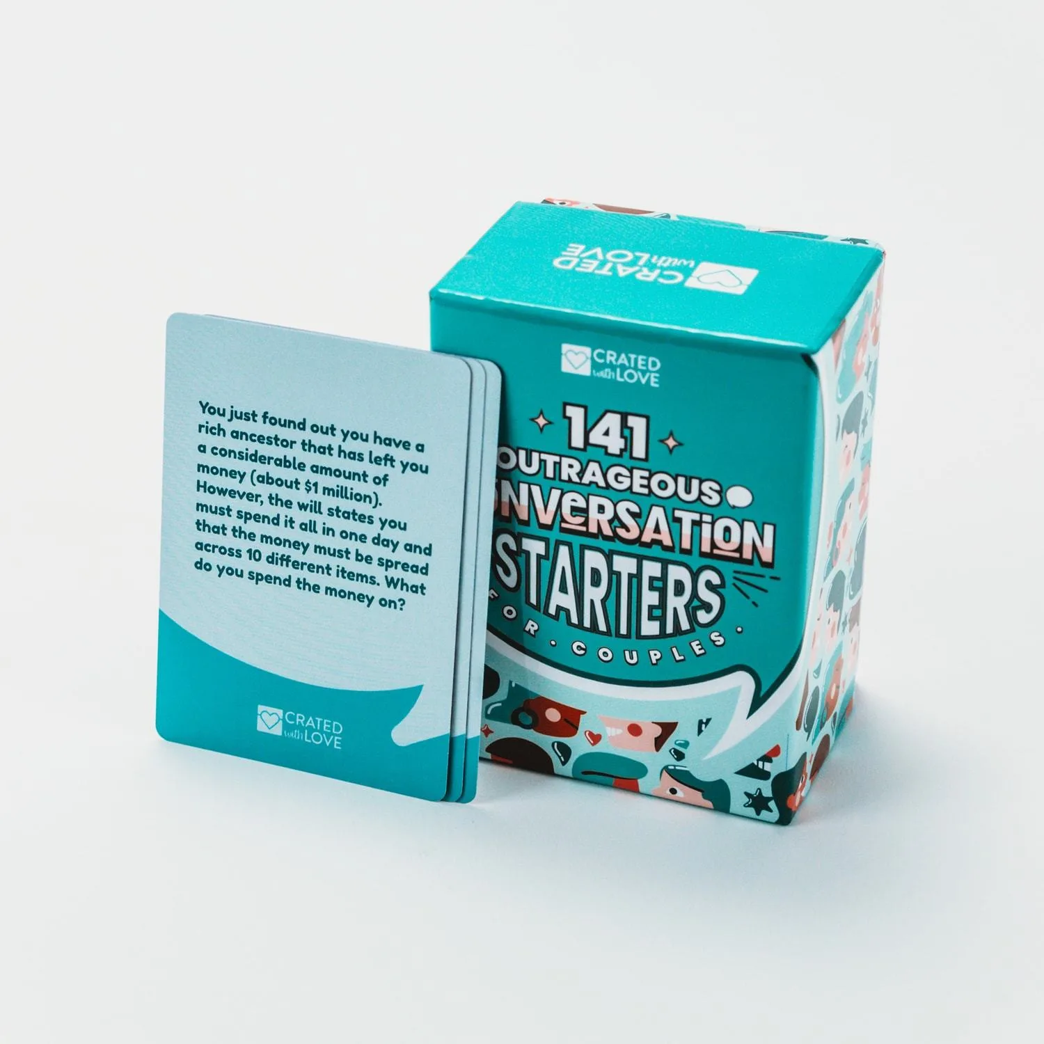 teal-colored deck of 141 outrageous conversation starters for couples