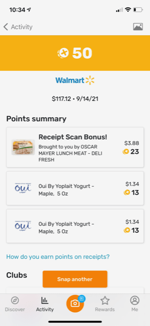 showing Walmart 9/14/2021 shopping trip with 50 points earned