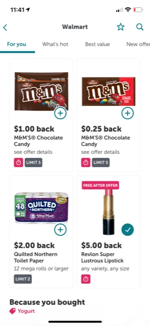 four offers from walmart on ibotta, including $1.00 back for M&Ms and free after offer Revlon lipstick