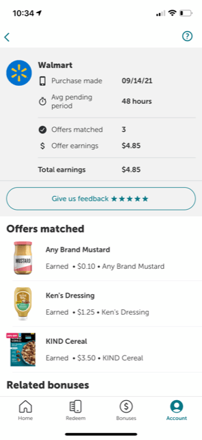 shows Walmart shopping trip on 9/14/2021 with $4.85 earnings in cashback