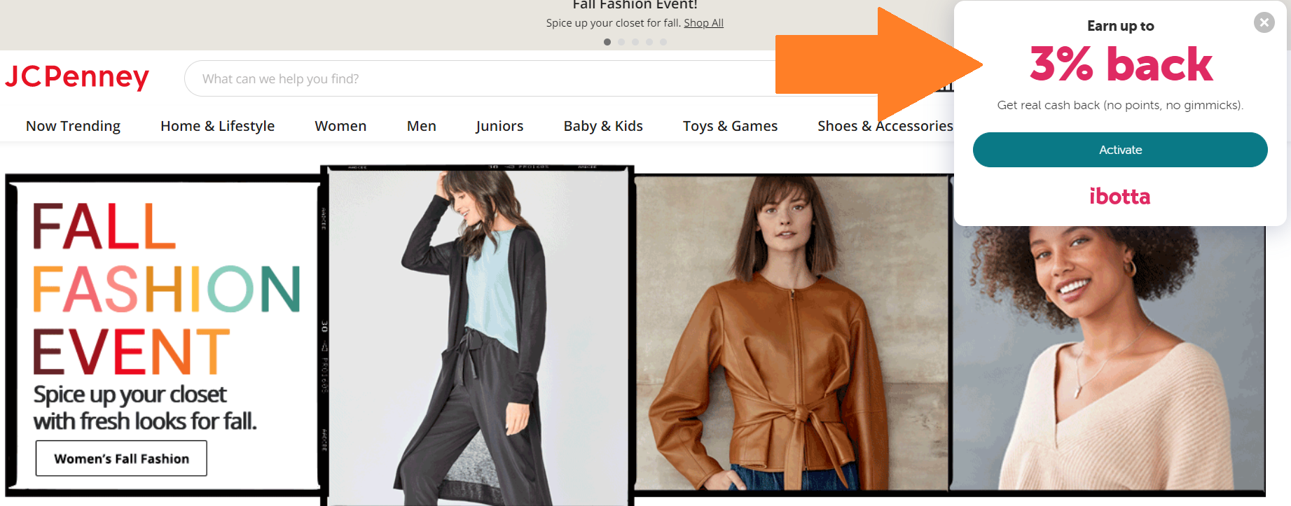 JCPenny homepage with ibotta offer on righthand corner for 3% cashback, you need to click to activate