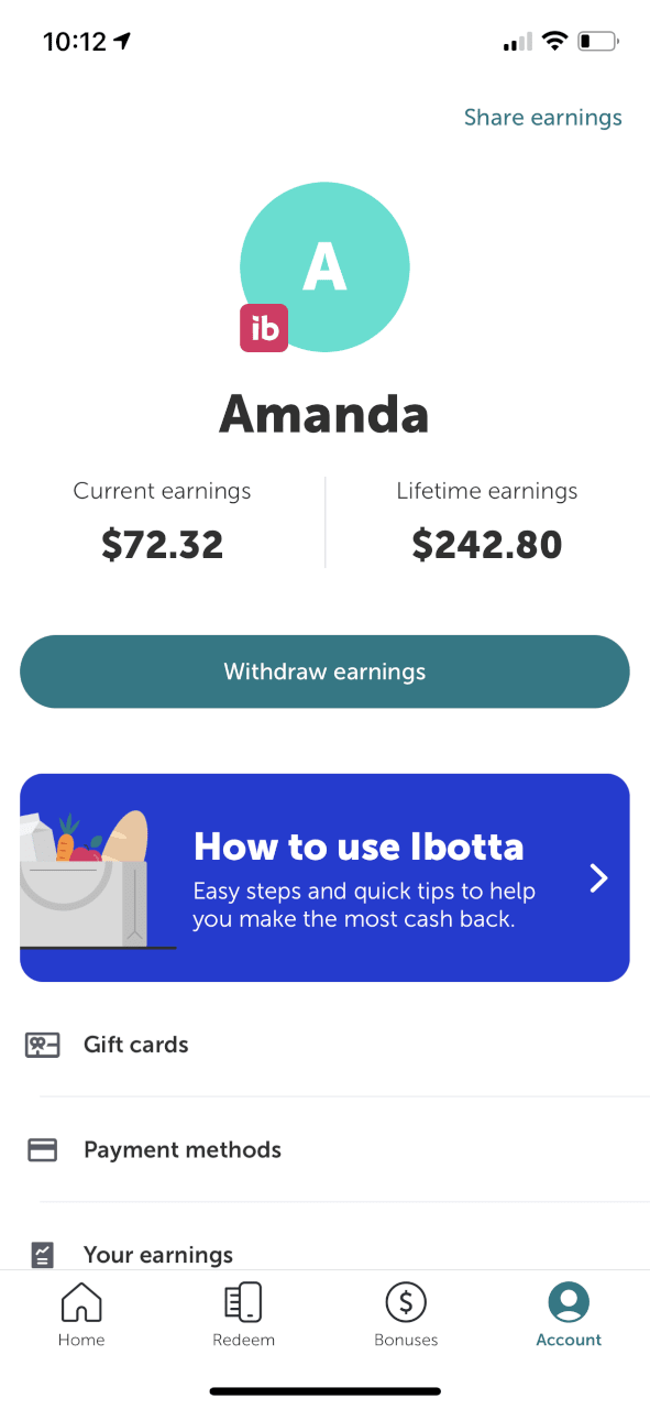 ibotta app homepage showing $242.80 in lifetime earnings