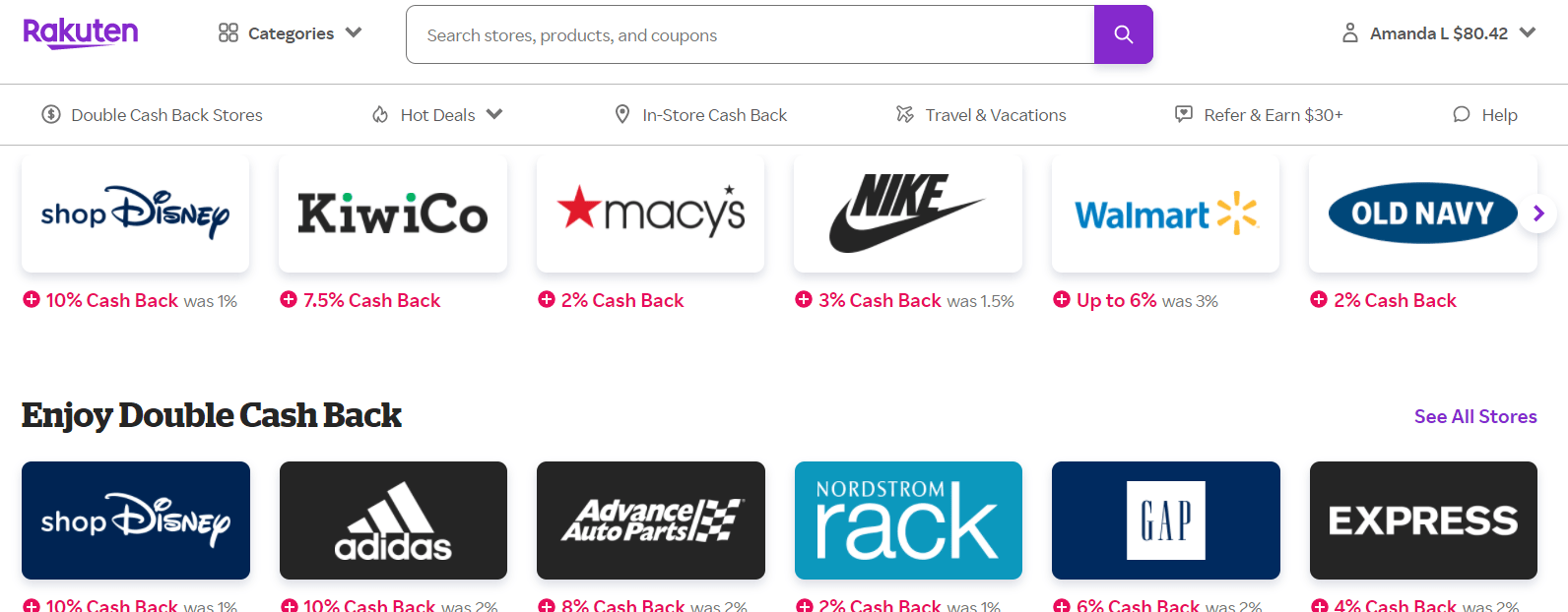 rakuten homepage showing she's earned $80 in cashback so far