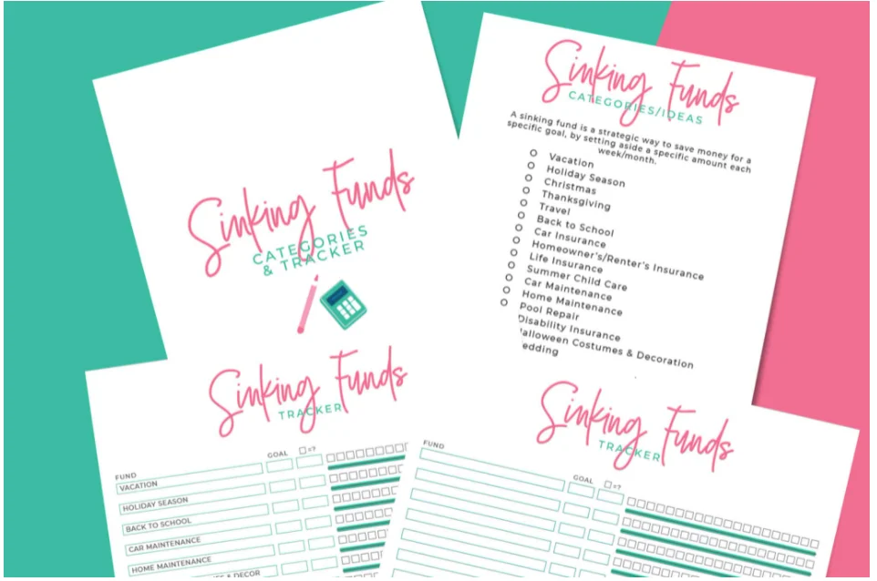 landscape printable for sinking funds tracking, multiple goals, in teal and pink