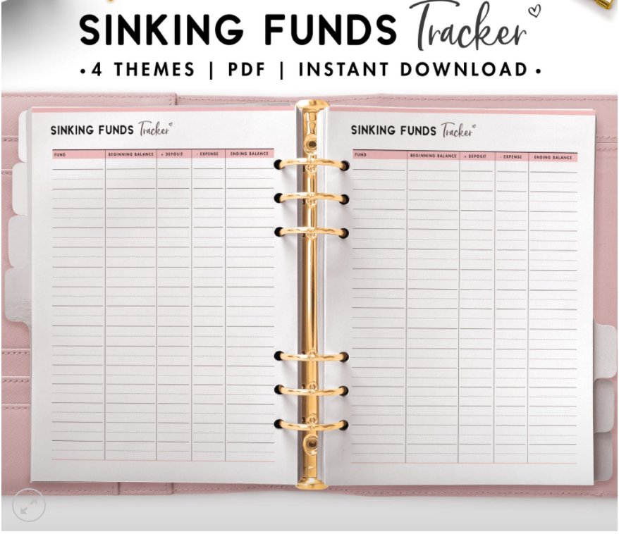 fully lined paper with several columns to track sinking funds deposits, expenses and ending balances
