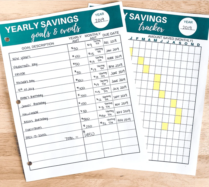 yearly sinking funds tracker printables on wooden desk background
