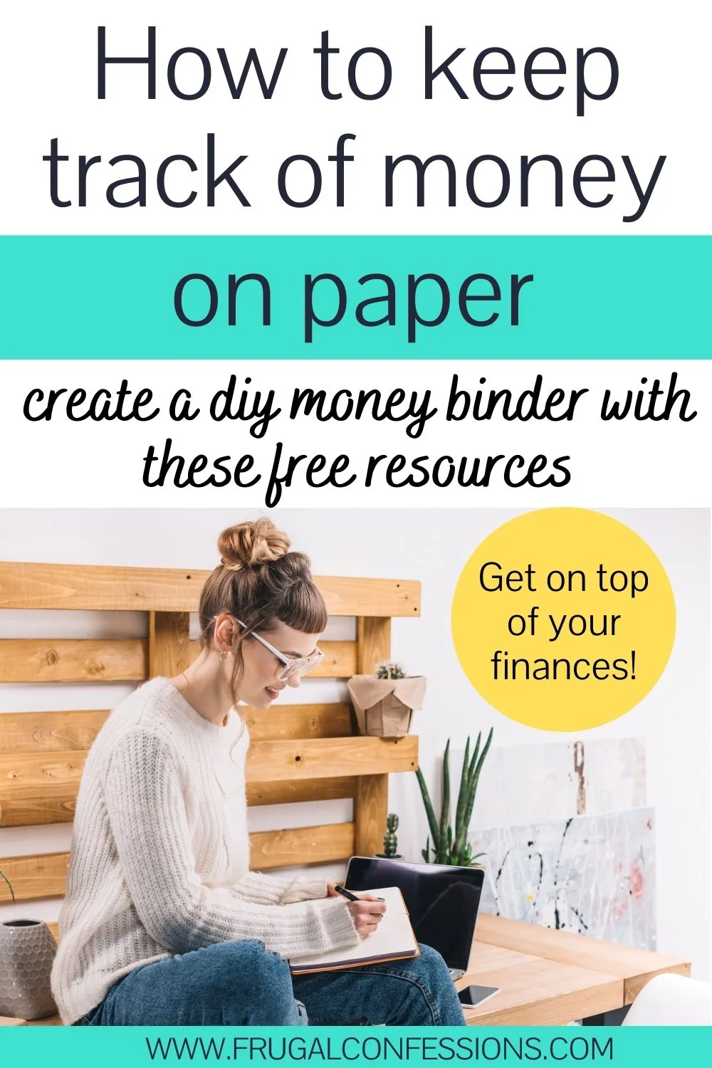 woman with white glasses working on finances, smiling, text overlay