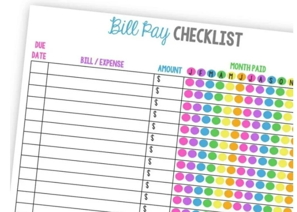 colorful bill pay checklist with colored circles you check off throughout the year