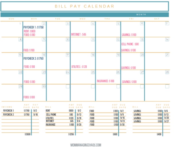 teal and yellow bill pay calendar filled in with examples