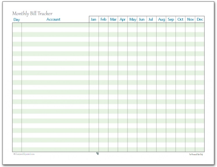 light green and white monthly bill l tracker, horizontally oriented