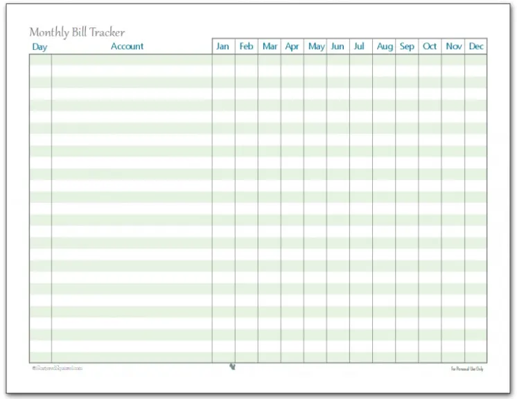 light green and white monthly bill l tracker, horizontally oriented