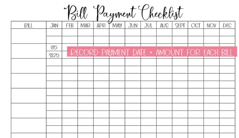 black and white bill payment checklist for one whole year