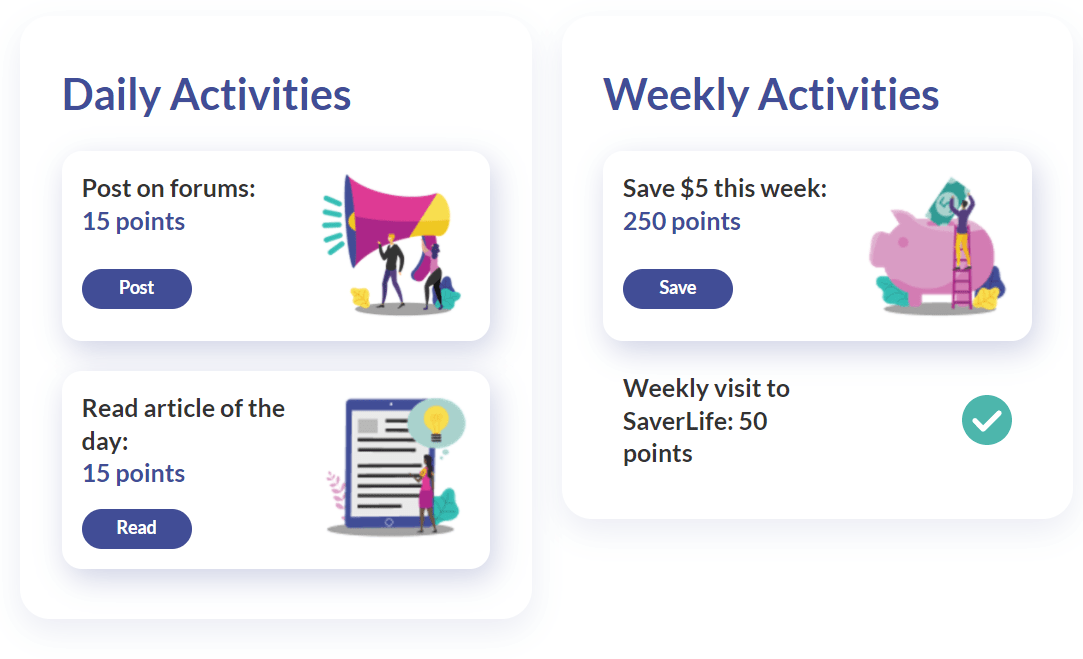 daily activities and weekly activities listing point earning opportunities